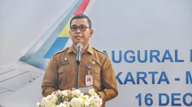 Kepala Dinas Perhubungan Sumatera Utara (Kadishub Sumut), Dr Agustinus Panjaitan, menyampaikan apresiasi atas kehadiran Pelita Air yang membuka rute penerbangan Medan-Jakarta. Hal ini diungkapkan dalam acara seremoni penerbangan perdana Pelita Air di Bandara Internasional Kualanamu, Senin (16/12/2024). (Foto: Diva Suwanda)