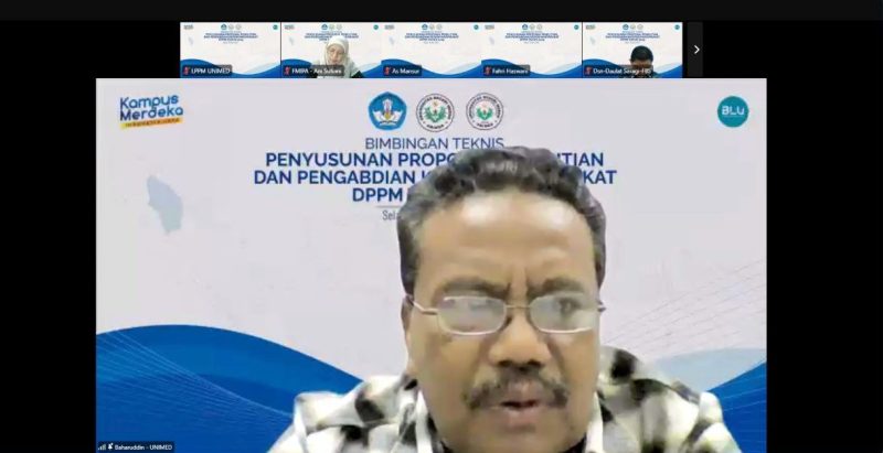 Lembaga Penelitian dan Pengabdian Masyarakat (LPPM) Unimed mengadakan Bimtek penyusunan proposal penelitian dan pengabdian kepada Masyarakat (DPPM) untuk pendanaan tahun 2025 yang berlangsung secara daring melalui zoom meeting beberapa waktu lalu. (Foto: Diva Suwanda)