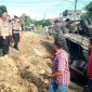 Kecelakaan sebuah bus pemudik tergelincir dan terguling di Jalan Lintas Sumatera (Jalinsum). (HO)