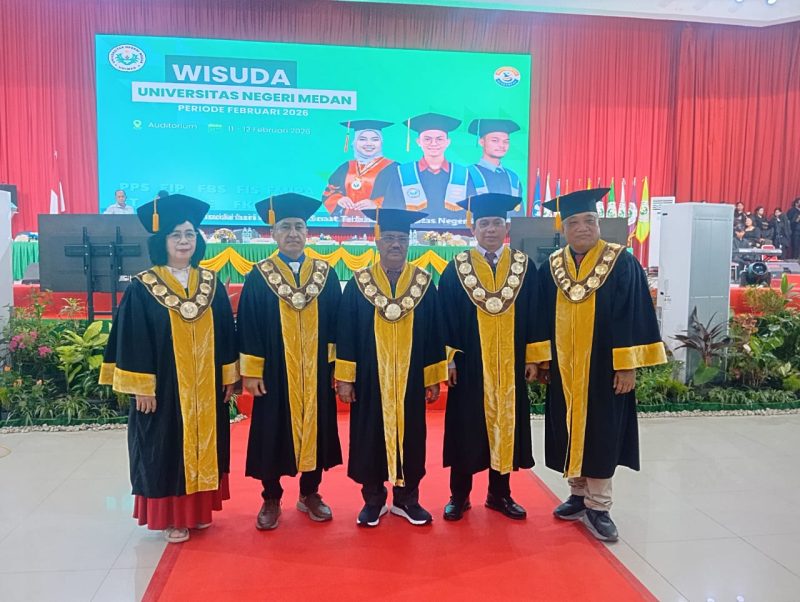 Universitas Negeri Medan (Unimed) mewisuda sebanyak 1.046 lulusan dalam Rapat Senat Terbuka yang digelar di Gedung Auditorium Unimed, Jalan Willem Iskandar, Medan, pada 11–12 Februari 2026. (Foto: Diva Suwanda)