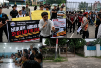 Demo Polda Sumut tuntut Kapolda Tutup lokasi judi milik Aseng Kayu di Brahrang. (Foto: Diva Suwanda)
